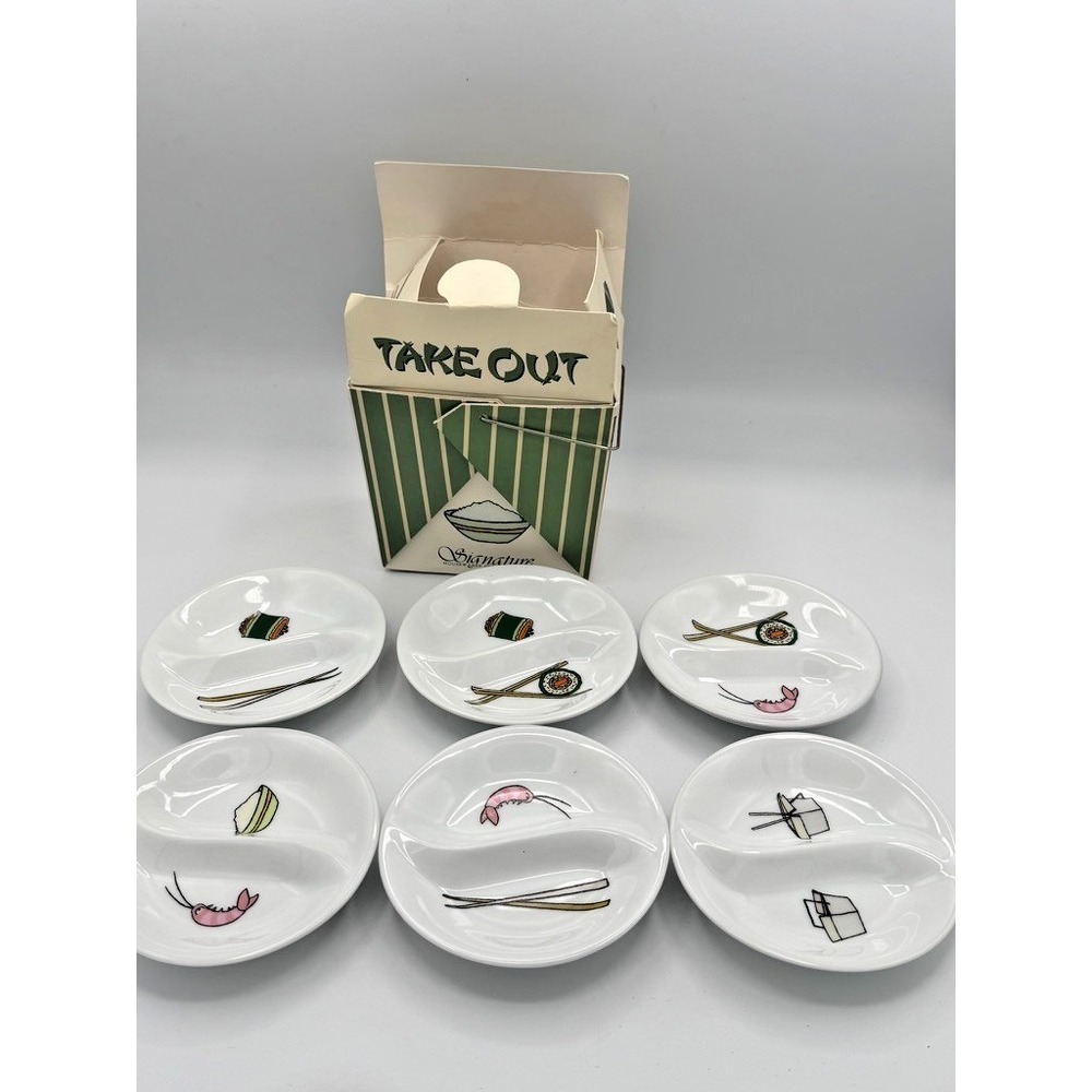 Signature Housewares Sushi Sauce Dishes Set of 6 Divided Plates Take Out Box